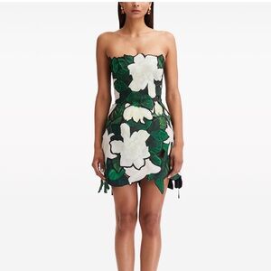 Oscar de la Renta Gardenia Appliqué Strapless Minidress in White/Black